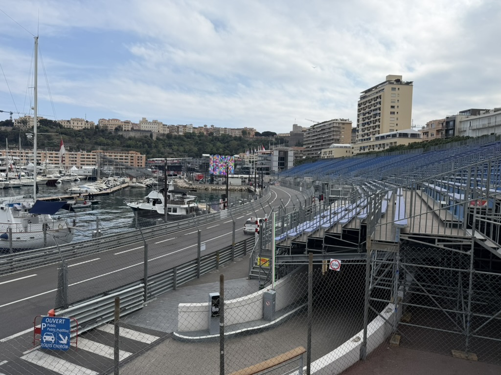 The Monaco Grand Prix circuit, grandstands going up along the harbor
